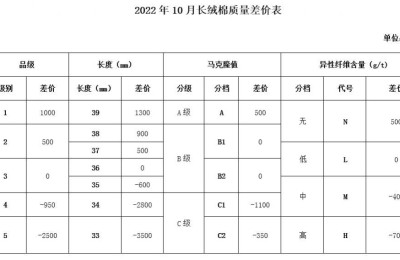 Composite fabric information from China Cotton Association’s “Domestic Cotton Quality Price Difference List” in October 2022